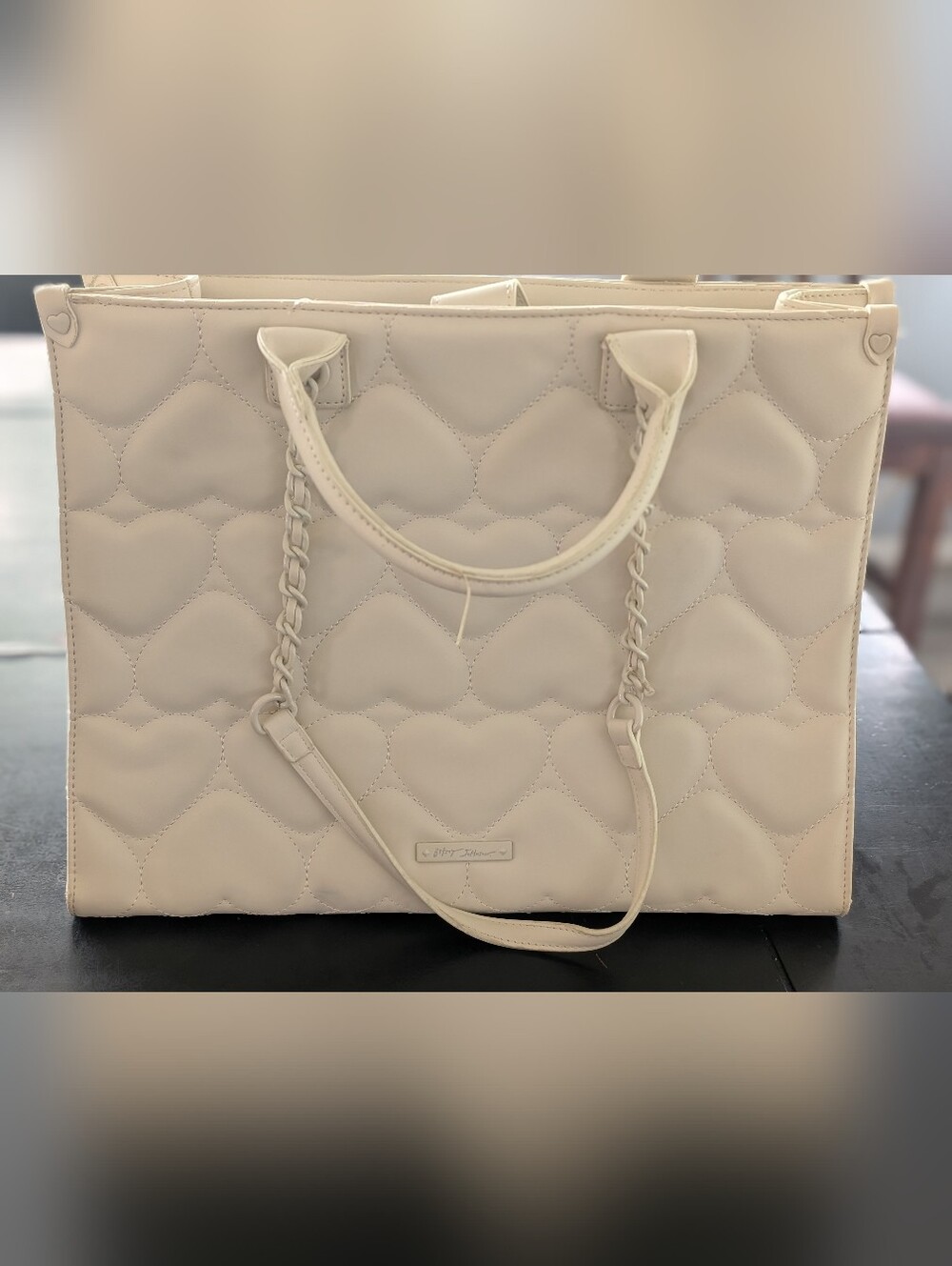Like New! Betsey Johnson Quilted Heart Tote Bag in Cream